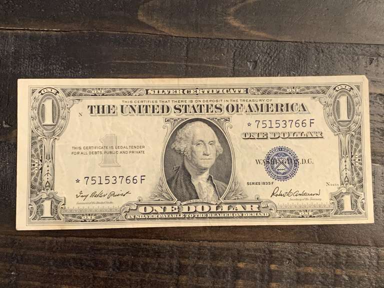 1935F $1 BLUE SEAL SILVER CERTIFICATE STAR NOTE - SERIAL NO *75153766F image