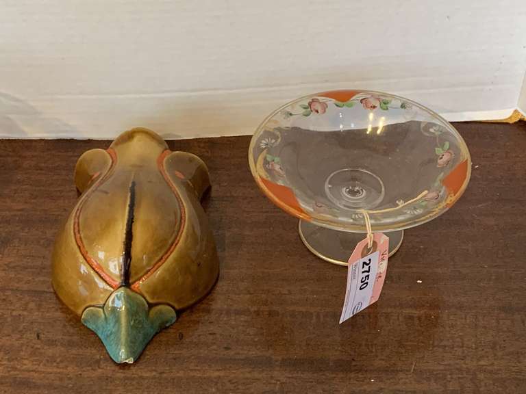 VINTAGE HAND PAINTED COMPOTE 6" ROUND X 3" TALL & VINTAGE FLOWER WALL POCKET 7" LONG X 6" WIDE image