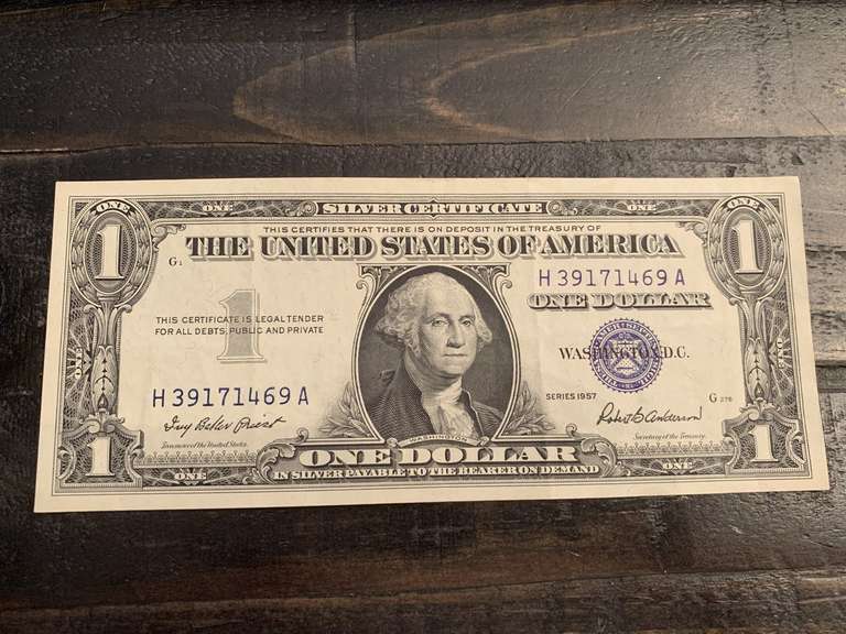 1957 $1 BLUE SEAL SILVER CERTIFICATE NOTE (CRISP) - SERIAL NO H39171469A image