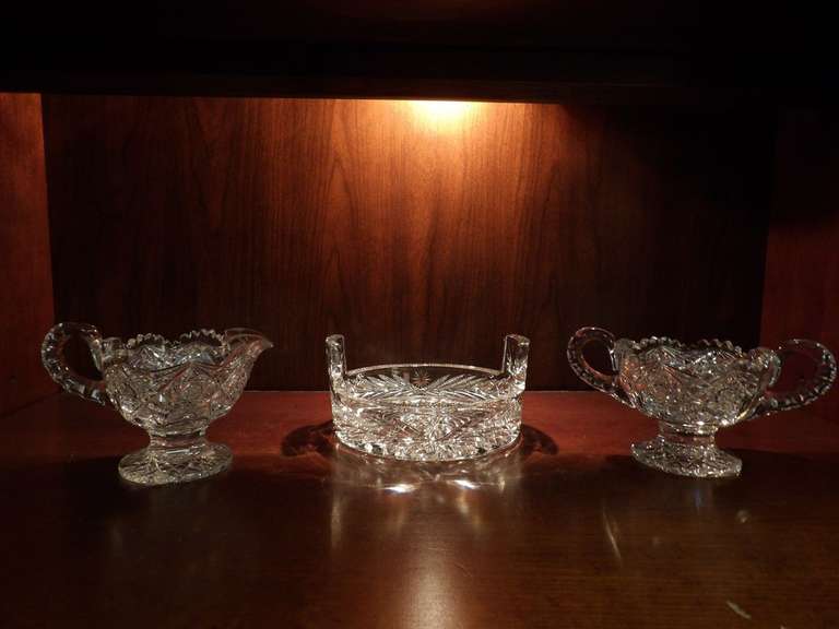 CRYSTAL SUGAR BOWL, CREAMER, AND CRYSTAL BOWL image