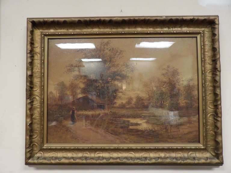 ANTIQUE FRAMED PAINTING, SIGNED OF A WOMAN IN THE COUNTRY image