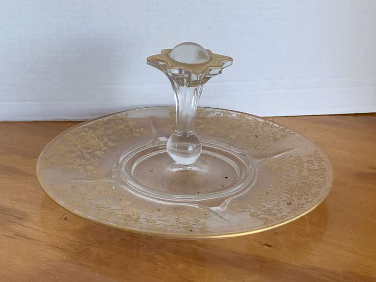 VINTAGE PADEN CITY GLASS CO ETCHED FLORAL TIDBIT PLATE W/ OPTIC STAR KNOB 6" TALL X 10 1/2" ROUND image