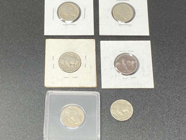 Buffalo nickels, six pieces, includes 1918, 1934, 1935, and 1936, see pictures for details. image