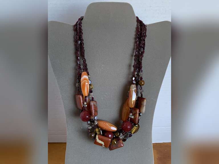 4 STRAND AGATE CARNELIAN BEADS & AMETHYST BEADS 18" LONG - CHECKOUT image