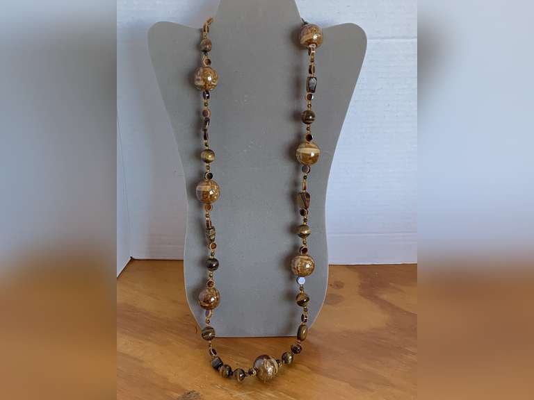 NICE BROWN AGATE BEADED NECKLACE 36" LONG - CHECKOUT image