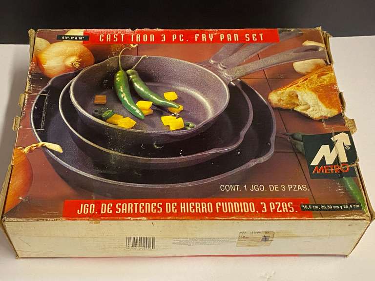 Cast-iron fry pan set, comes in original box, see pictures for details. image