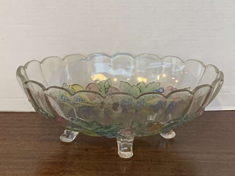 VINTAGE INDIANA GLASS OVAL FOOTED FRUIT BOWL W/ IRIDESCENT PAINTED FRUIT 12" LONG X 8 1/2" WIDE X 4 1/2" TALL image