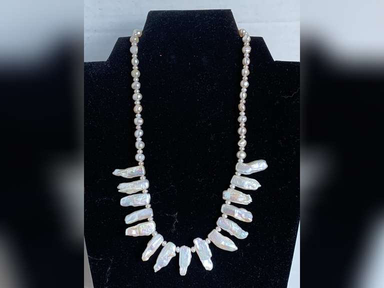 WHITE GENUINE FRESHWATER BIWA & POTATO PEARL 16" CHOKER W/ 925 STERLING SILVER CLASP - CHECKOUT image