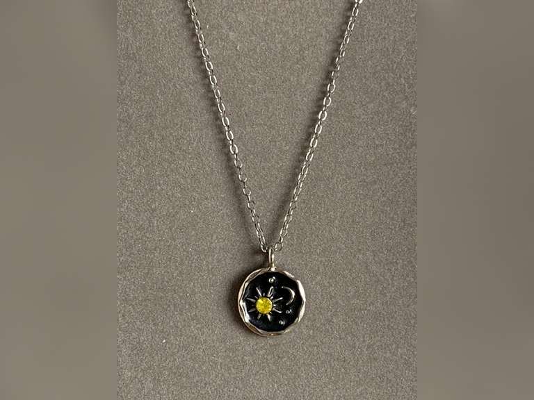 CELESTIAL MOON & STARS NECKLACE W/ TOPAZ SUN ON SILVERTONE CHAIN 20" LONG - CHECKOUT image