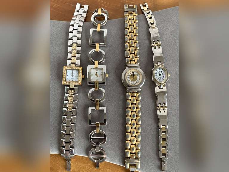 PREMIER DESIGN SILVERTONE & GOLD TONE LINK WATCH WITH CZ'S, SAEGON SILVERTONE & GOLD TONE LINK WATCH, PARAMEX GOLDTONE & SILVERTONE LINK WATCH, & UNNAMED GOLDTONE & SILVERTONE LINK WATCH - CHECKOUT image