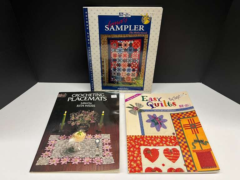 Quilt and crocheting how to books, three pieces, see pictures for details. image