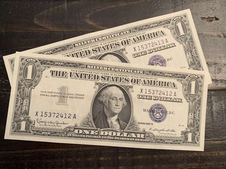 TWO 1957B $1 BLUE SEAL SILVER CERTIFICATES (VERY CRISP) - SERIAL NO X15372412A, X15372413A image