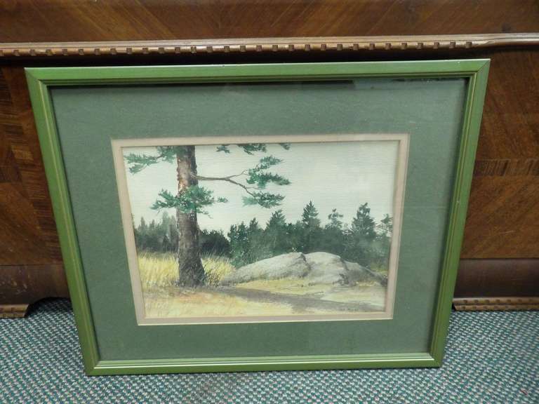 FRAMED WATERCOLOR OF TREES AND ROCKS SIGNED image
