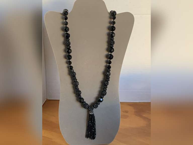 BLACK FACETED BEADED TASSEL NECKLACE 36" LONG - NECKLACE image