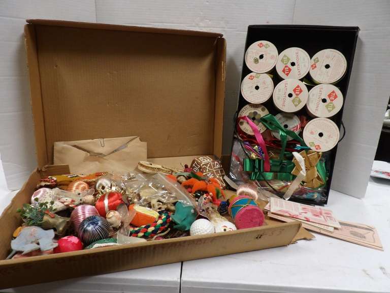 VINTAGE CHRISTMAS DECORATIONS AND RIBBON image