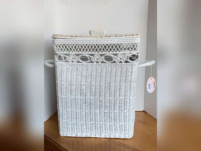 WHITE WICKER LAUNDRY HAMPER 19" TALL X 15" WIDE X 12" DEEP image