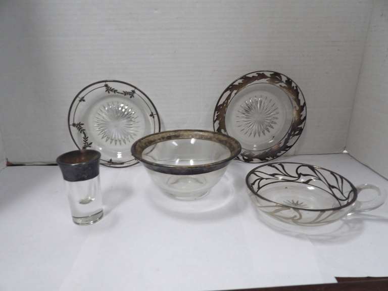 DECORATIVE LOT WITH SILVER EMBELLISHMENTS BOWLS, PLATES, AND SHOT GLASS image
