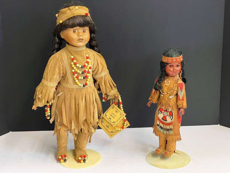 Native American dolls, two pieces, both with stands, see pictures for details. image