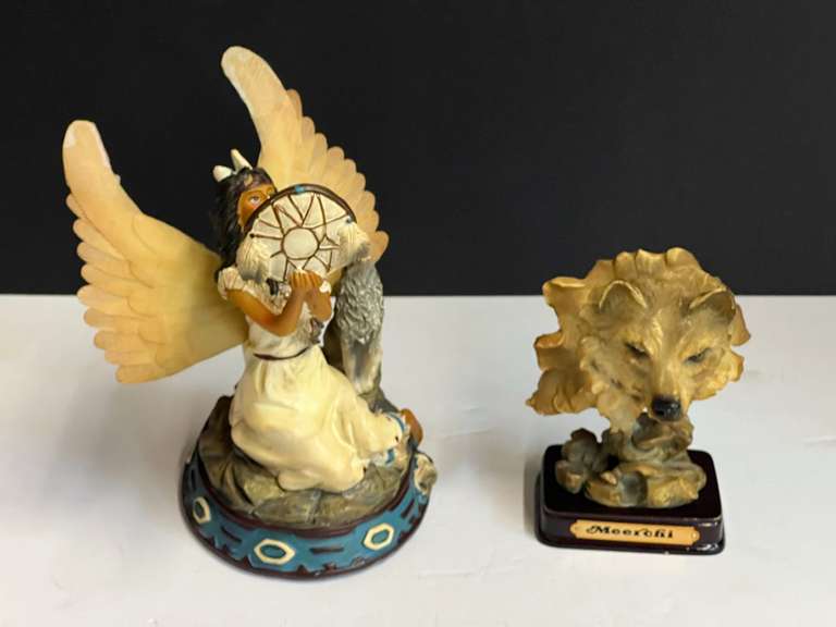 Native American and wolf sculpture, two pieces, see pictures for details. image