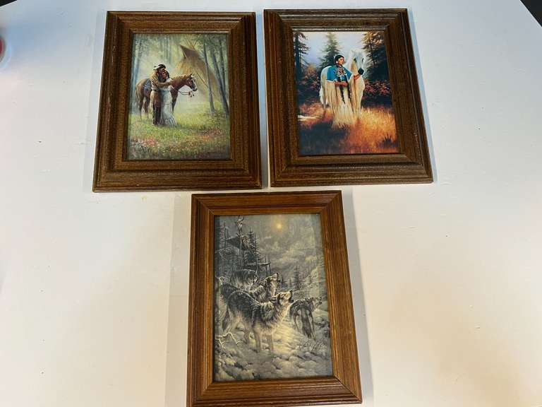 Framed Native American art prints, three pieces, see pictures for details. image