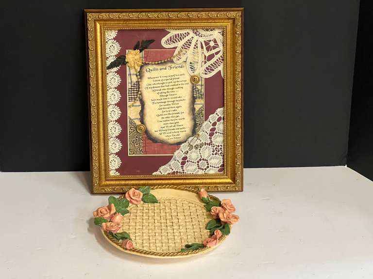 Framed mixed media collage, also includes a decorative wall mount plate with floral motif, see pictures for details. image