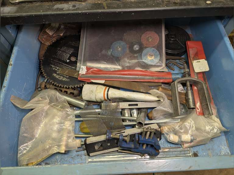 ALL ITEMS IN CABINET DRAWER MARKED 1032 INCLUDING FILES, SPARK PLUG TOOLS, LEVEL, SMALL VISE CLAMP, AND MORE image