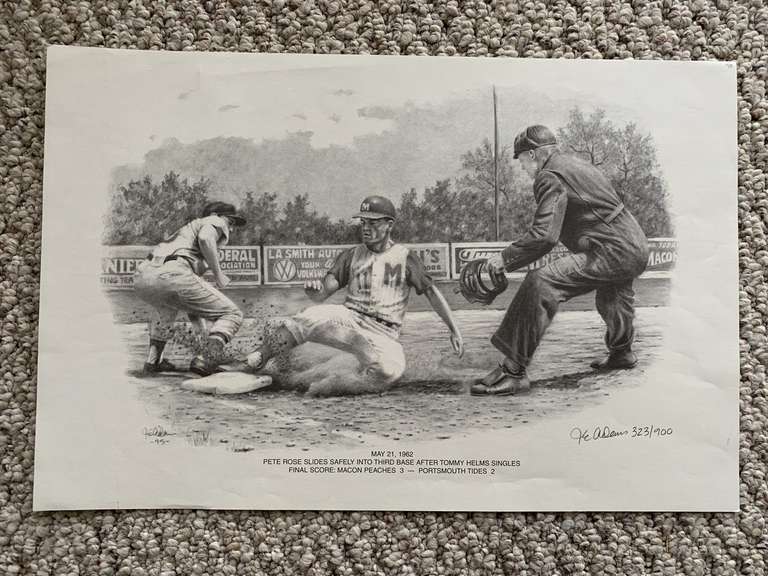 J.E. ADAMS SIGNED 323/900 BLACK & WHITE READY TO FRAME PICTURE OF PETE ROSE SLIDING INTO 3RD BASE AT LUTHER WILLIAMS FIELD MACON 5/21/1962 18X12 image