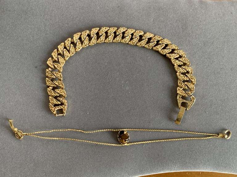 VINTAGE WIDE GOLD TONE NUGGET LOOK LINK BRACELET & DAINTY GOLD TONE DOUBLE CHAIN BRACELET W/ CENTER BROWN STONES - CHECKOUT image