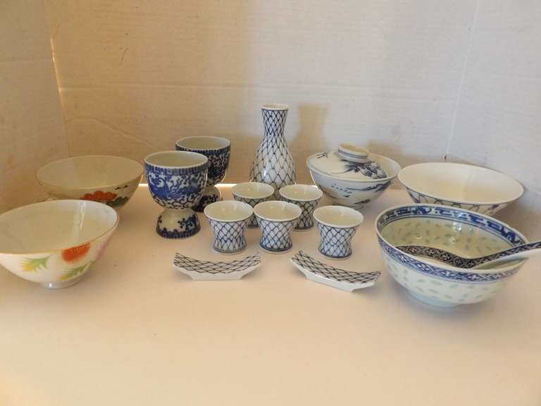 LOTS OF BLUE AND WHITE PORCELAIN SAKE, SET EGG BOWLS, SOUP, BOWLS, AND MORE image