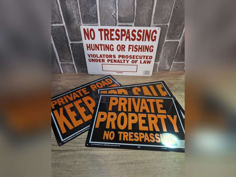 METAL OUTDOOR SIGNS INCLUDING NO TRESPASSING, PRIVATE ROAD KEEP OUT, FOR SALE, AND PRIVATE PROPERTY NO TRESPASSING image