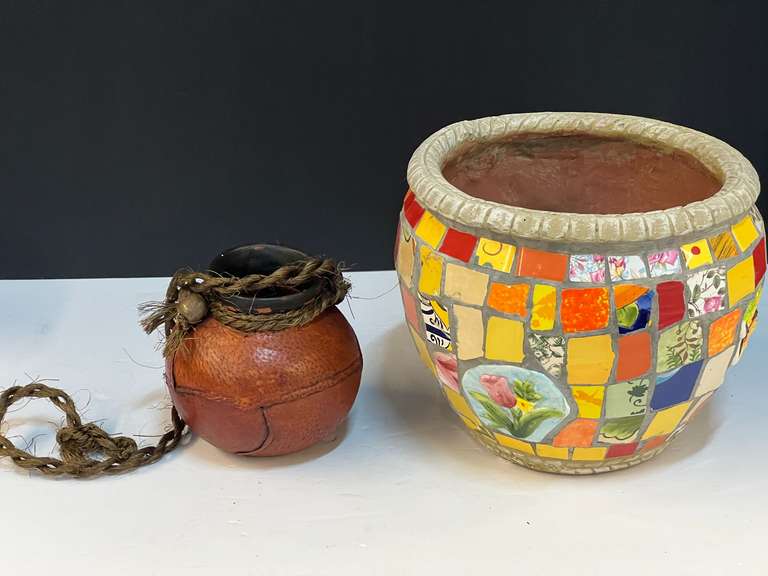 Decorative terra-cotta pot with mosaic tile, also comes with a small terra-cotta bowl wrapped in leather/rawhide, see pictures for details. image