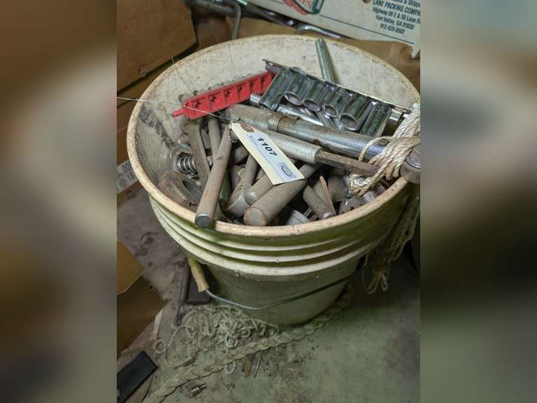 BUCKET OF MIXED SOCKETS, RATCHET AND RATCHET PARTS, SCRAP METAL, AND MORE image