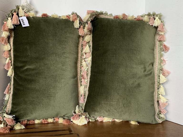 TWO 18X12 REVERSIBLE THROW PILLOWS - GREEN VELVET TO ROSE SATIN image
