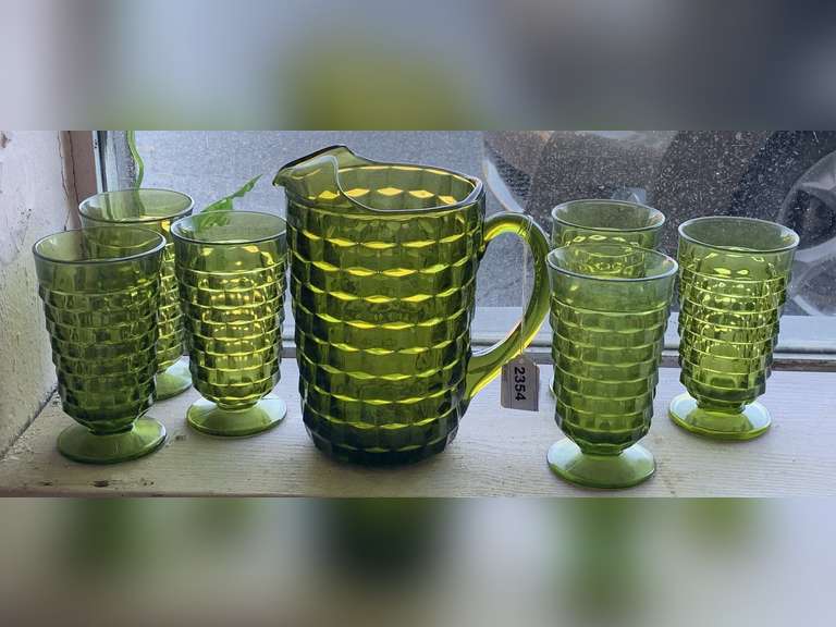 VINTAGE INDIANA GLASS "WHITE HALL CUBIST" OLIVE GREEN - WATER PITCHER & 6 WATER GLASSES image