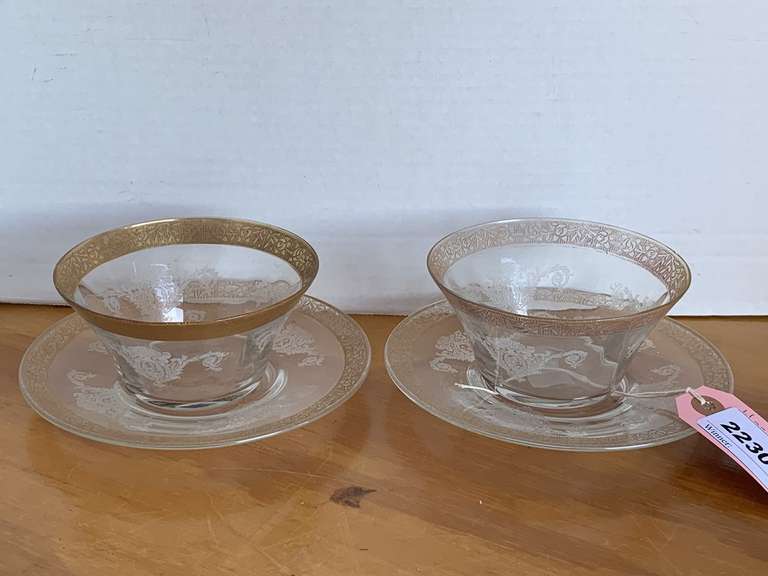 ANTIQUE TIFFIN "MINTON" OPTIC GOLD WITH WIDE 22KT GOLD RIM - 2 DESSERT BOWLS W/ UNDERPLATES image