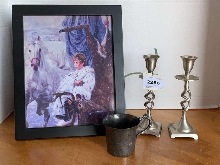 FRAMED PHOTO OF PRINCE WILLIAM 1ST BLOOD 11 1/2" X 9 1/2", PAIR TWISTED PEWTER CANDLESTICKS 7" TALL & WALLACE CENTERPLATE CHILD'S MUG image