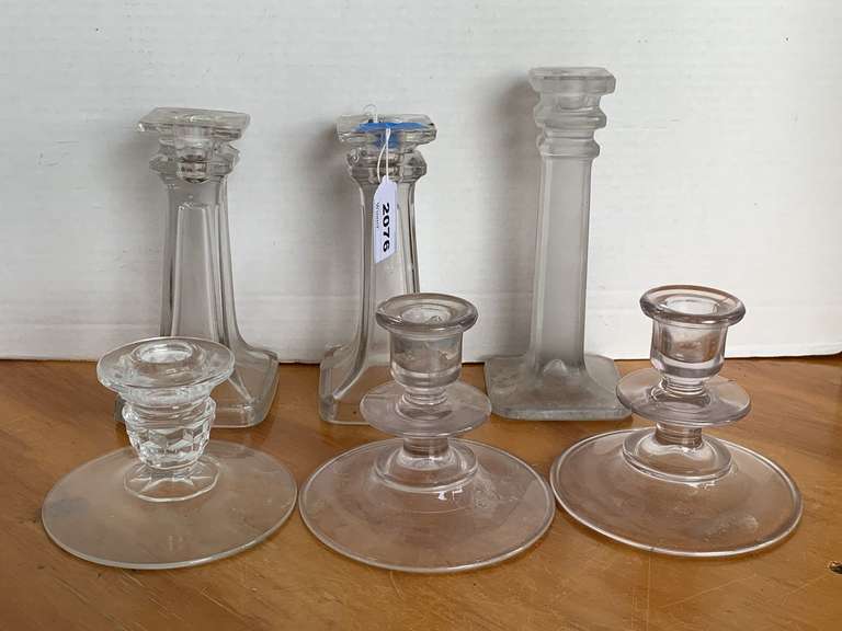 ASSORTMENT OF 6 GLASS VINTAGE CANDLE STICKS (VARIOUS SIZES) image