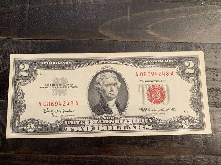 1963 $2 RED SEAL UNITED STATES NOTE (VERY CRISP) - SERIAL NO A08694248A image