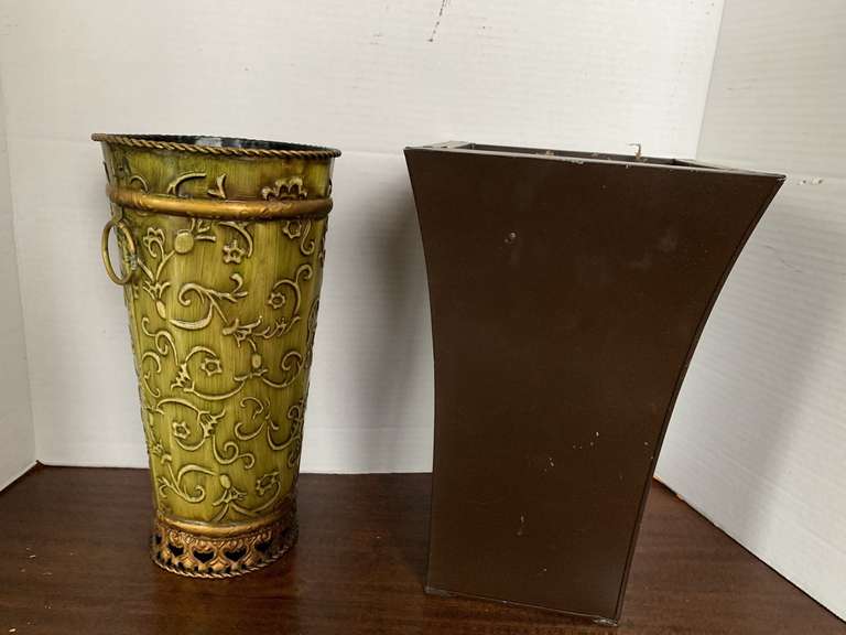 GREEN DECORATIVE METAL VASE 11" TALL X 6" ROUND & DARK BROWN/WOODEN VASE 11 1/2" TALL X 8" WIDE image