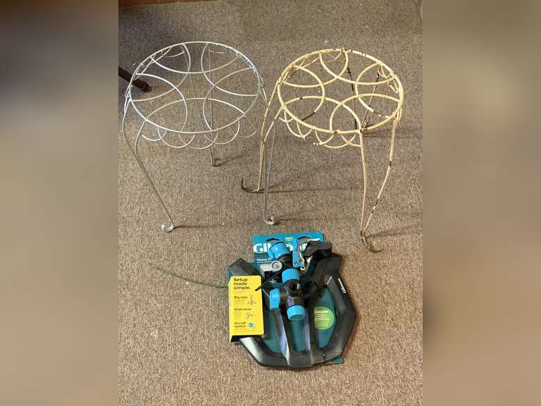 2 WIRE METAL PLANT STANDS SILVER/WHITE 15 1/2" TALL X 10" ROUND, 13" TALL X 10" ROUND & NEW GILMORE HEAVY DUTY SPRINKLER image