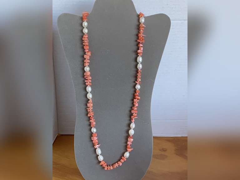 BEAUTIFUL FRESHWATER PEARL AND PEACH COLORED CORAL NECKLACE 31" LONG - CHECKOUT image