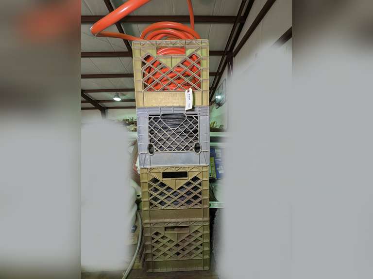 FOUR MILK CRATES AND CONTENTS INCLUDING SUPER HEAVY GAUGE DROP CORD, HEAVY GAUGE DROP CORD WITH OUTLET, AND MORE image