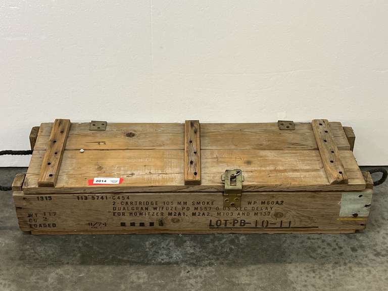 Wooden military ammunition crate. Based on the markings, it was used to store 105mm smoke cartridges for a Howitzer. image