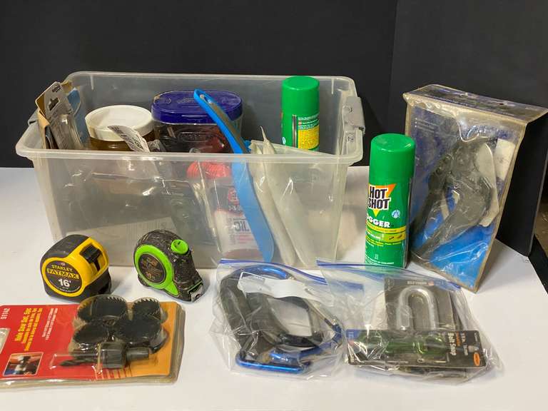 Tub of assorted household hand tools and supplies, includes quick link, chain shackles, dog tie out cable, picture frame assembly kit, measuring tapes, ratcheting PVC pipe cutter, and more, tub is not included, see pictures for details. image