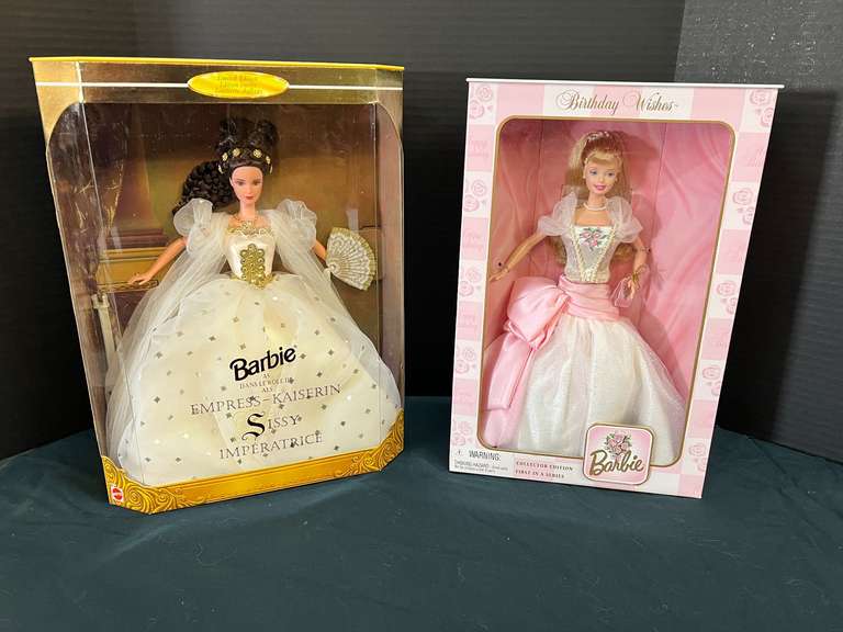 Barbies, still in original boxes, includes Birthday Wishes Barbie, and Empress-Kaiserin, Sissy Imperatrice Barbie, see pictures for details. image
