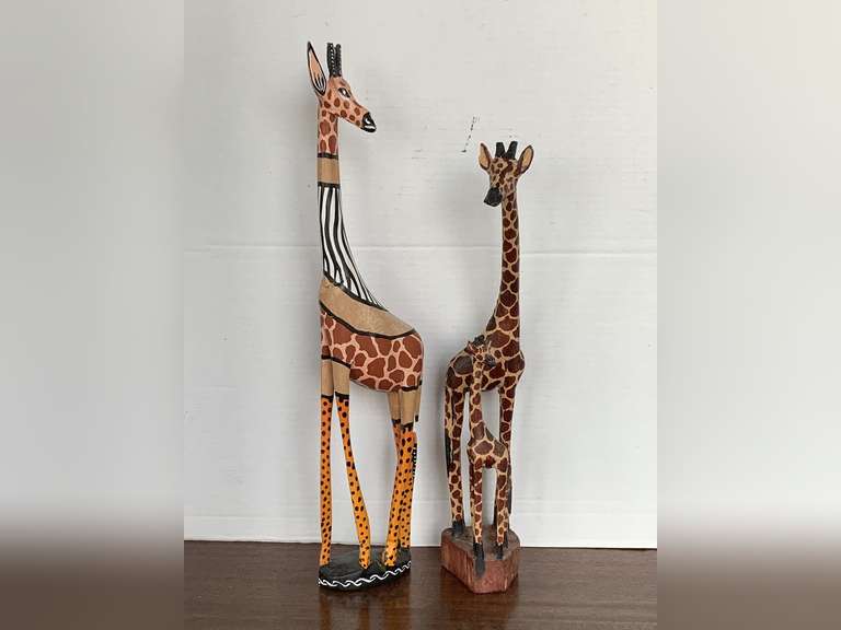 2 WOODEN HAND PAINTED GIRAFFES 18 1/2" TALL, 15 /2" TALL (ONE HAS DAMAGE SEE PIC) image