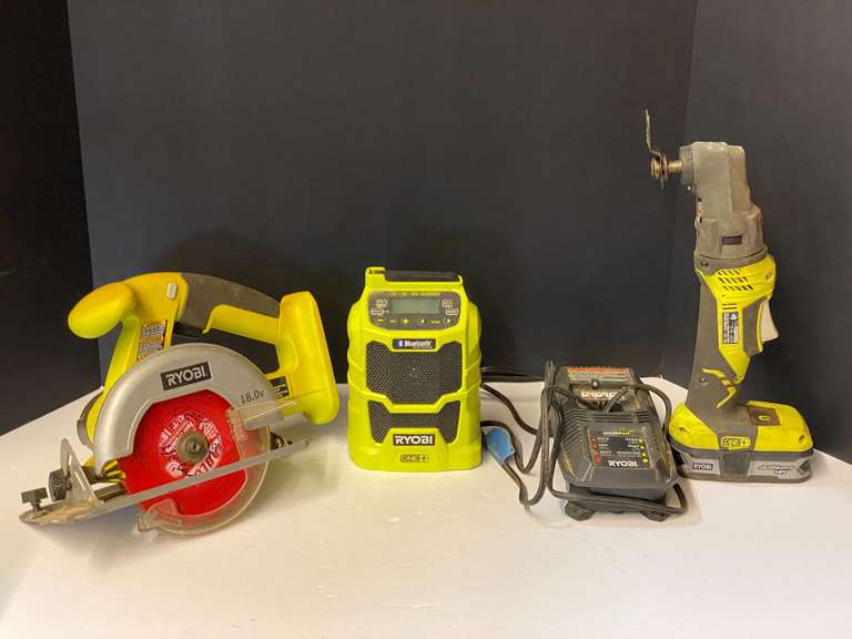 Ryobi 18V cordless trim saw, multitool, and work radio, comes with battery and charging cord, working condition unknown, see pictures for details. image