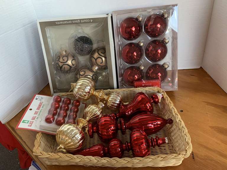BOX OF 4 GOLD/BLACK GLASS ORNAMENTS, BOX OF 6 RED GLASS BALL ORNAMENTS & MORE image