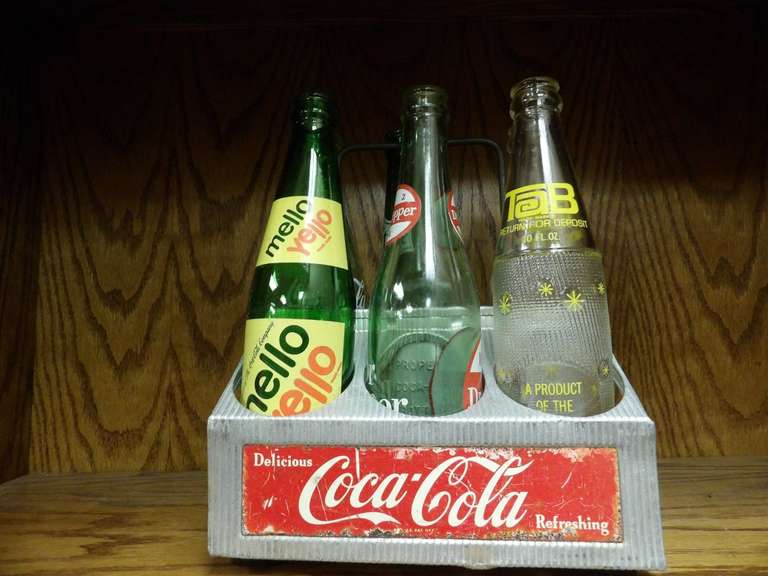 VINTAGE METAL COCA-COLA CRATE WITH COLLECTIBLE BOTTLES image