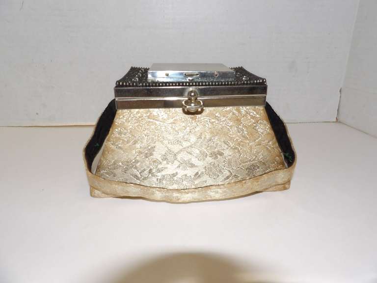 WHITE BROCADE TRUNCATED PYRAMID BAG WITH BUILT-IN COMPACT BY LEE-FRAN image
